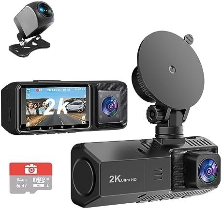3 Channel Dash Cam Front and Rear Inside Dash Camera for Cars 2K+1080P+1080P