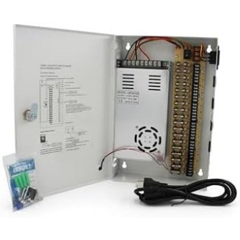 18 Channel/Port 20 AMPS, 12V DC 110v Power Supply Metal Box, Individually Fused