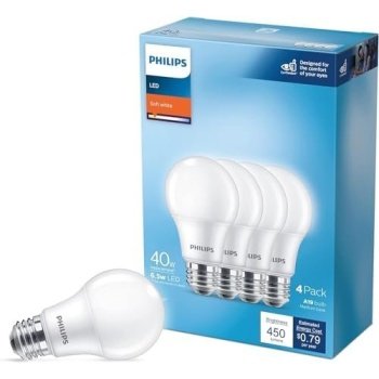 PHILIPS LED 40W A19 4-Pack Basic Soft White (2700K) 450 Lumen (6.5W = 40W)