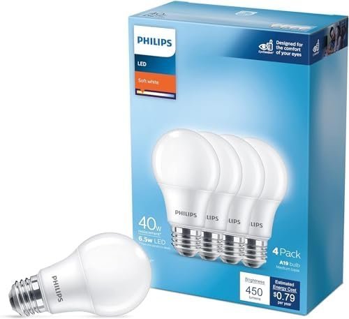 PHILIPS LED 40W A19 4-Pack Basic Soft White (2700K) 450 Lumen (6.5W = 40W)