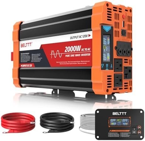 BELTTT 2000W Pure Sine Wave Inverter, Car Power Inverter 12V to 120V AC
